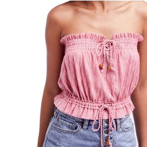 Free People Dusty Pink Strapless Smocked Tie-Front Crop Top